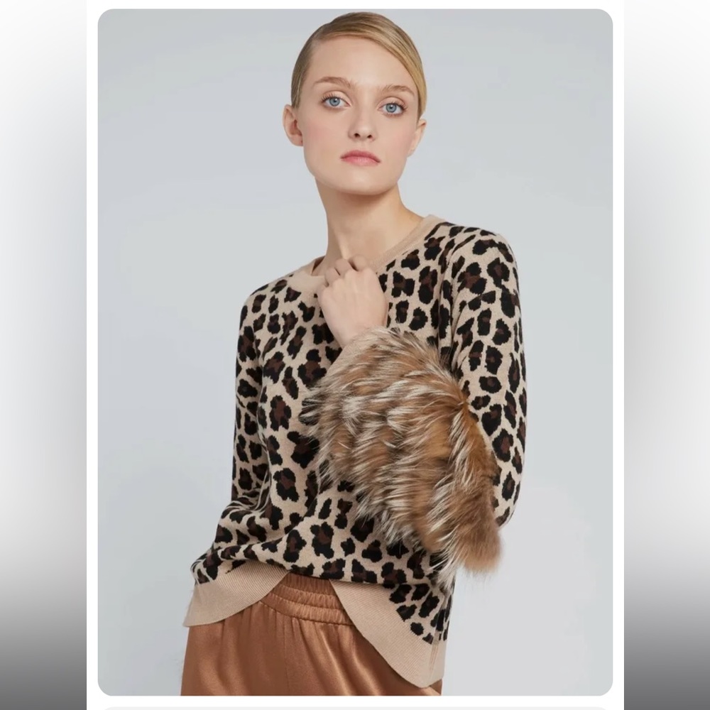 Alice + Olivia Sheila Leopard Silver Fox Fur-cuff Wool Sweater